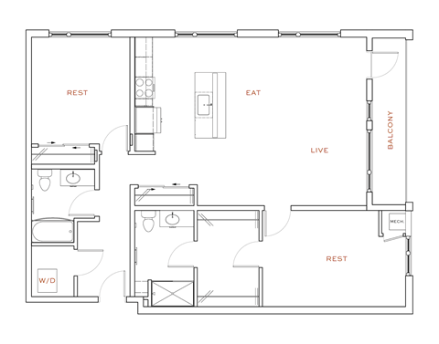 A floor plan of a house with labeled rooms such as